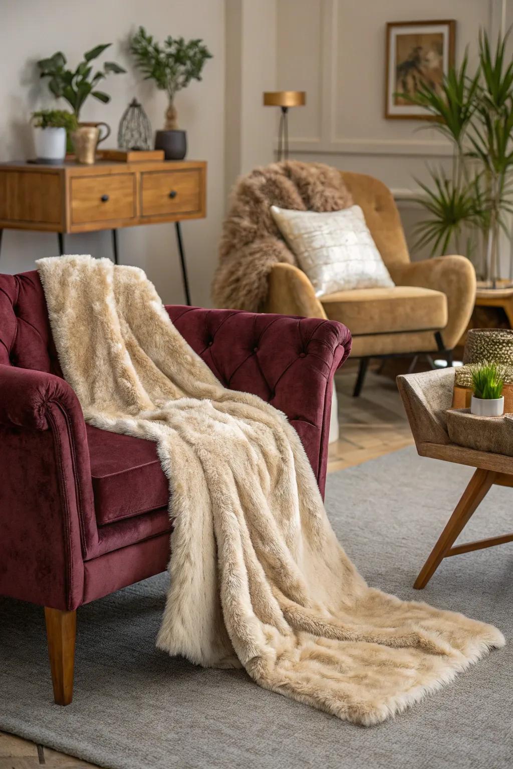Blending fabrics like velvet and faux fur adds depth to your Y2K room.