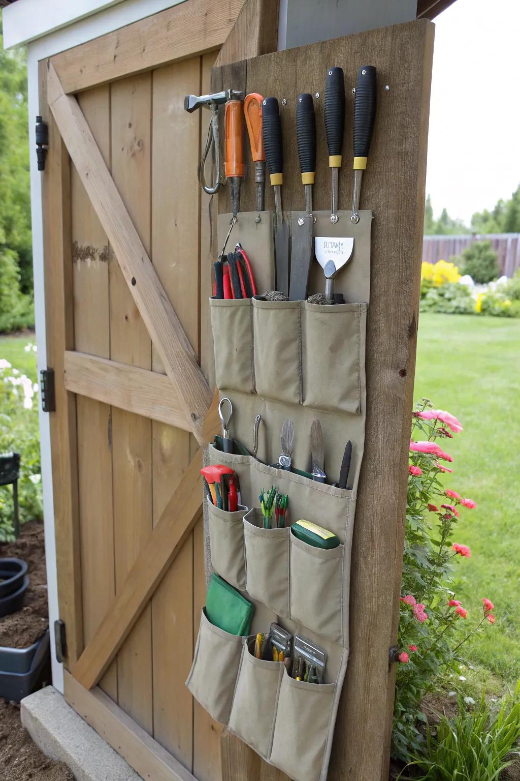 Innovative utilization of a shoe organizer to facilitate tool storage.