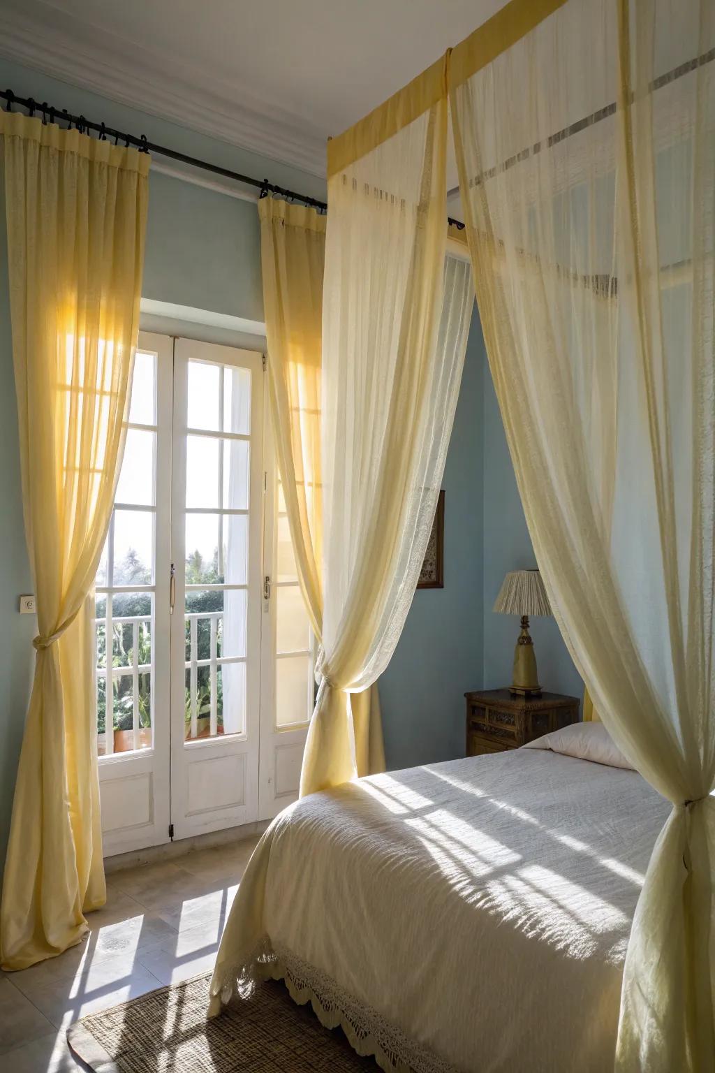 Sheer gold curtains add a romantic and dreamy ambiance to the bedroom.