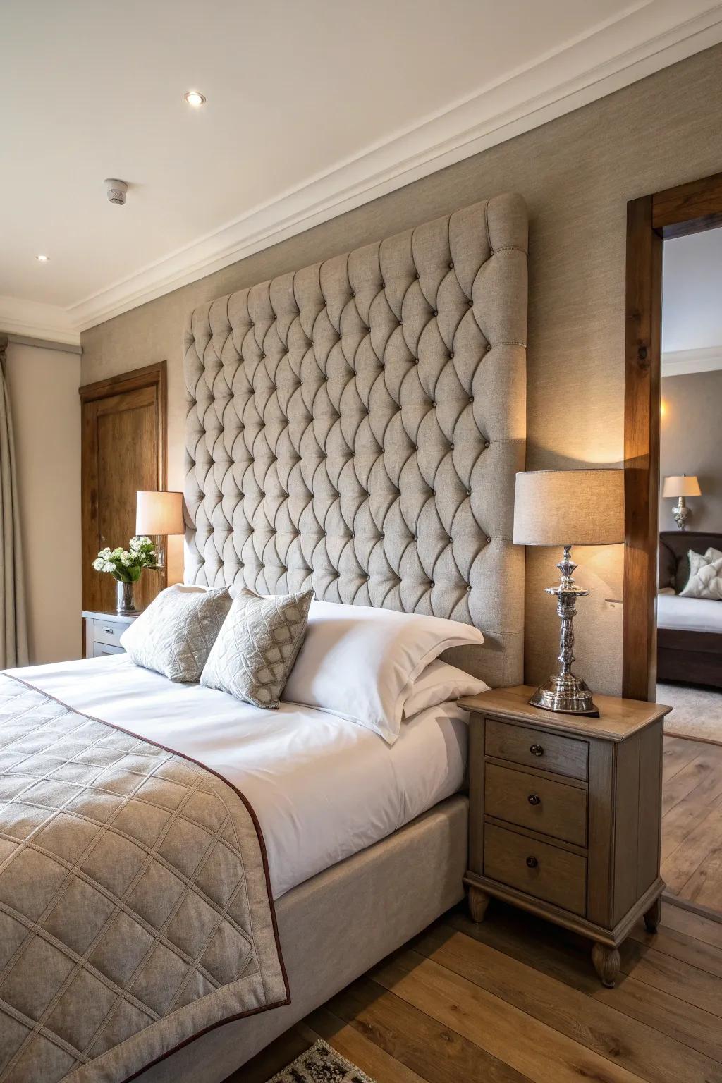 A distinct bed frame makes a bold centerpiece.