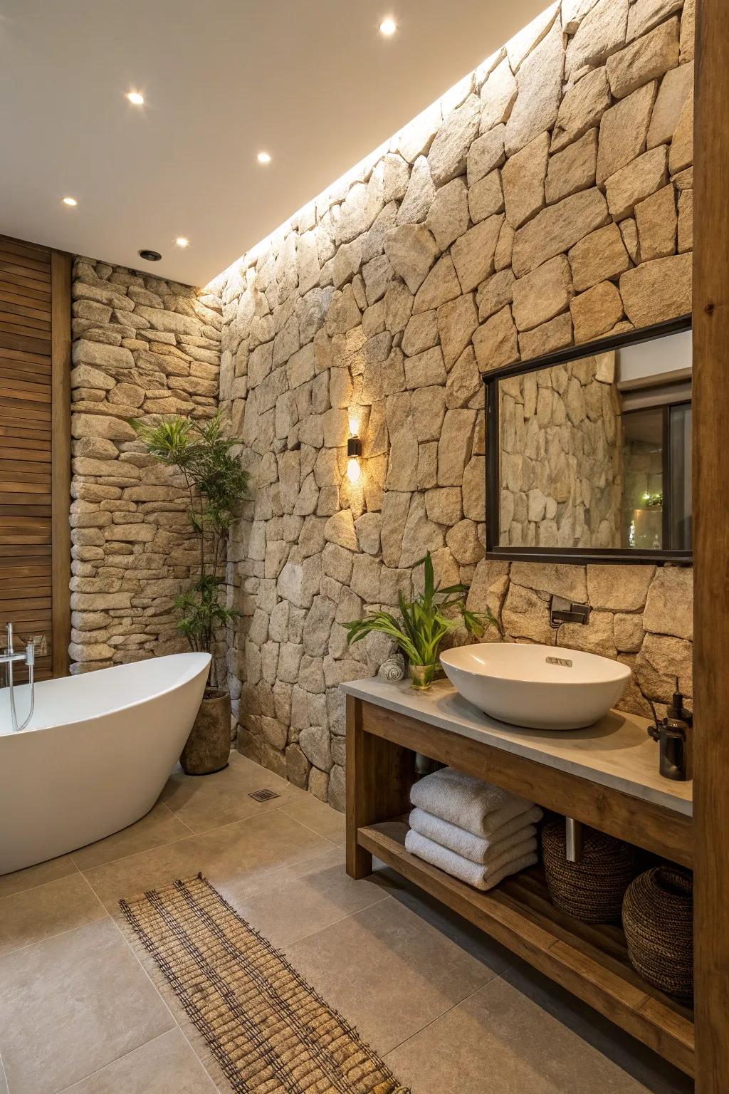 Stone textures add a grounded, natural element to a zen bathroom.