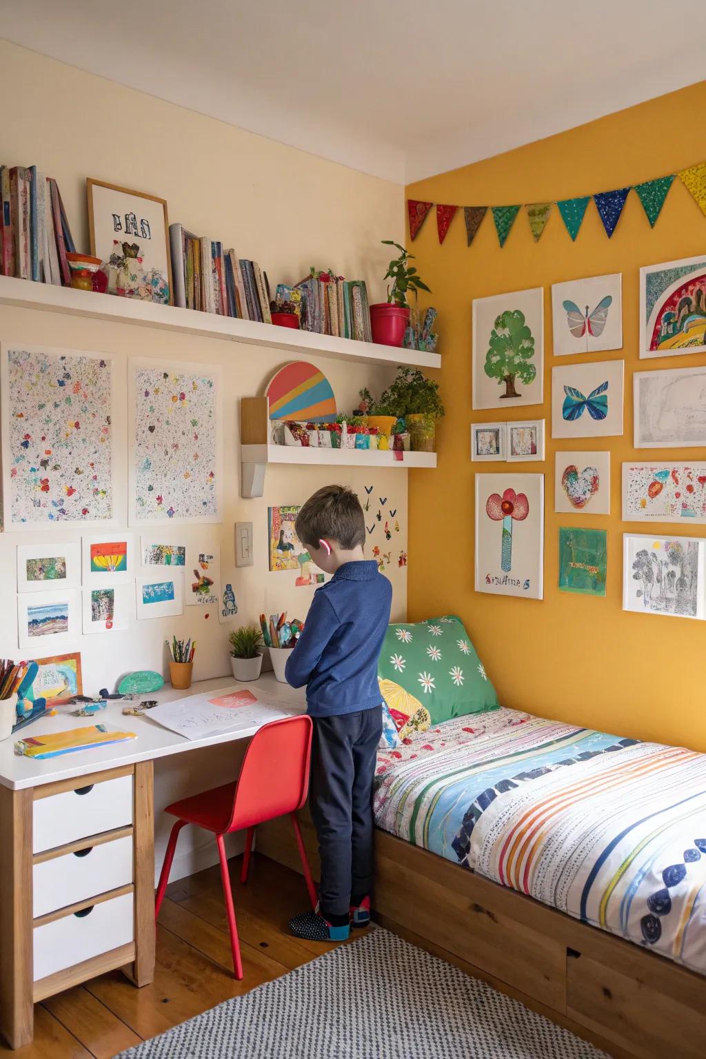 A handcrafted art area enables children to exhibit their ingenuity and personal art.