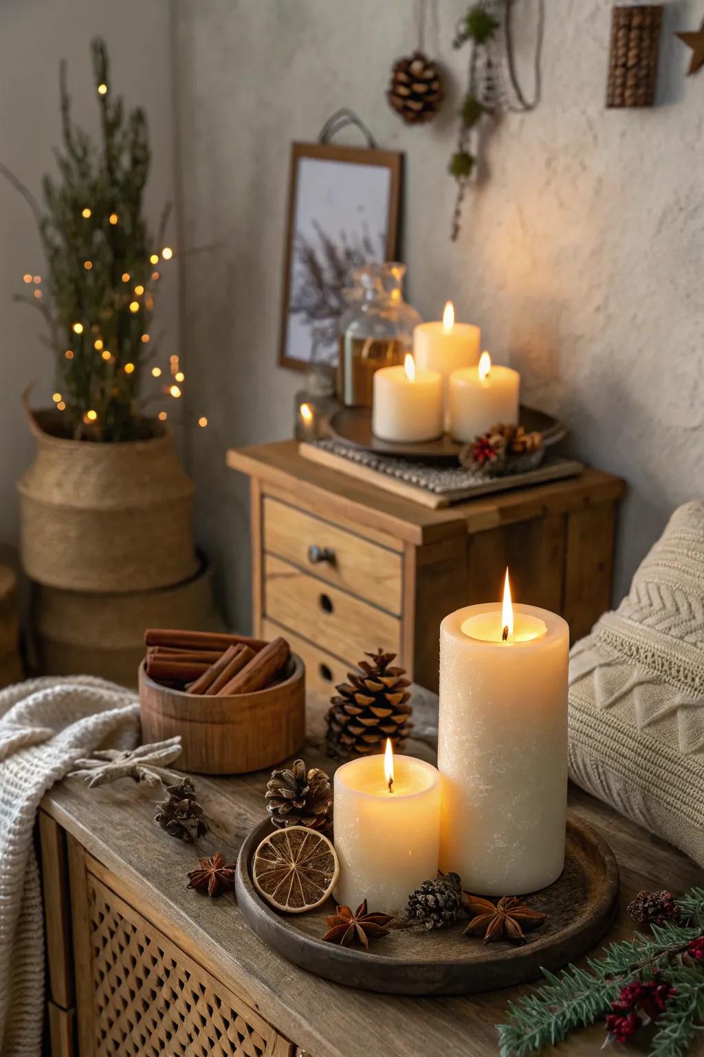 Seasonal scents permeate the abode through holiday warmth.