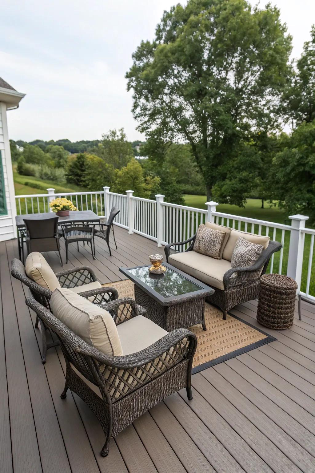 All-weather furniture ensuring the deck's usability throughout the year.
