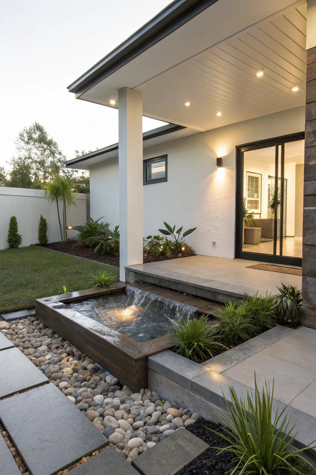 A water feature infuses tranquility into a modern porch.