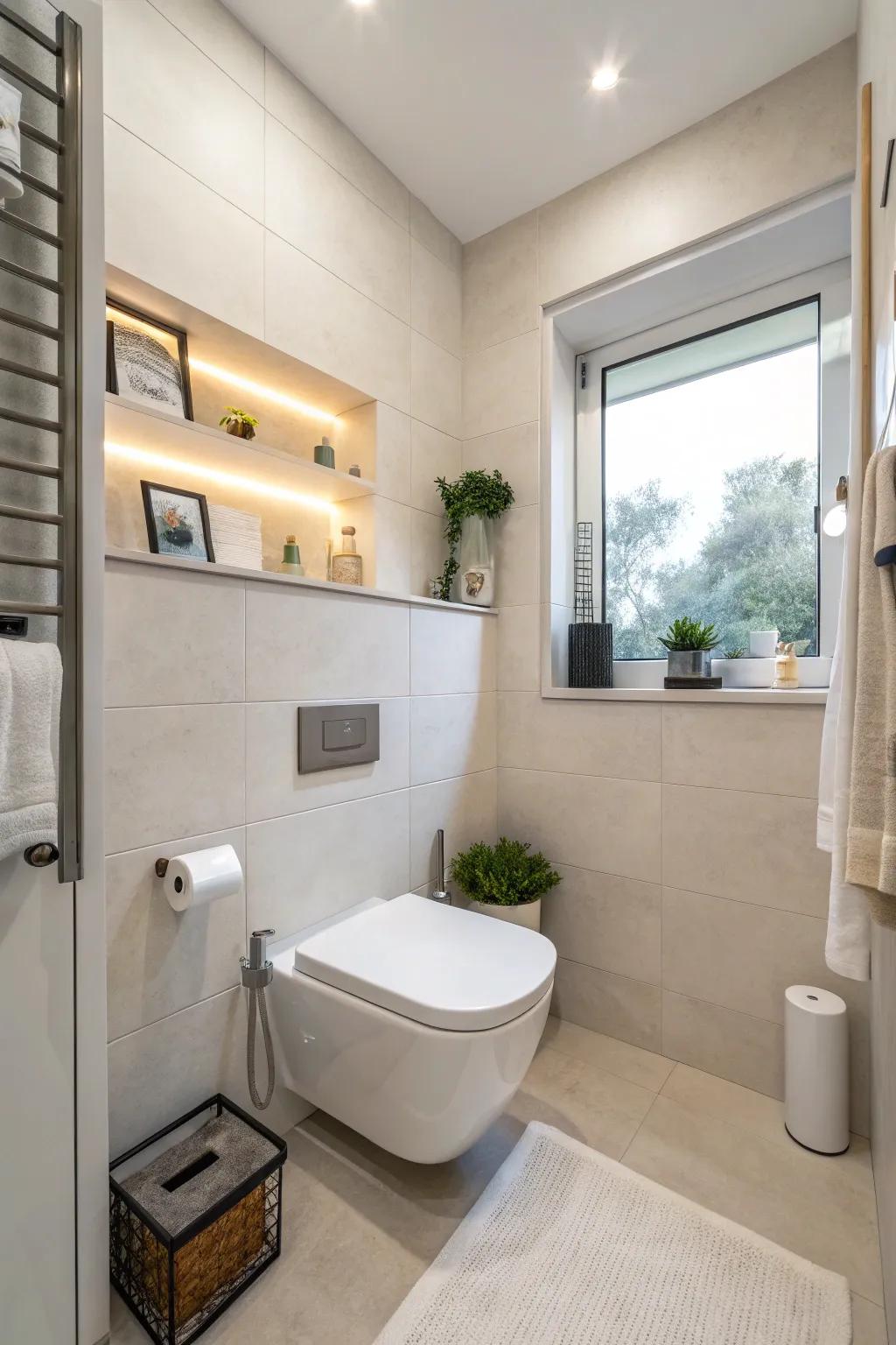Wall-connected toilets save area and offer a smooth, modern aesthetic.
