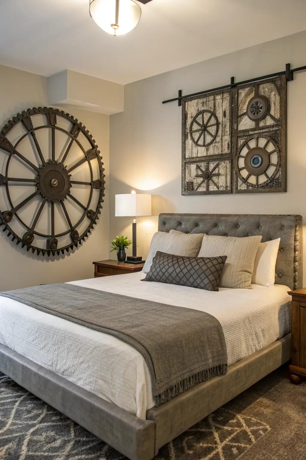 The space above the bed is given a modern edge by industrial metal art.