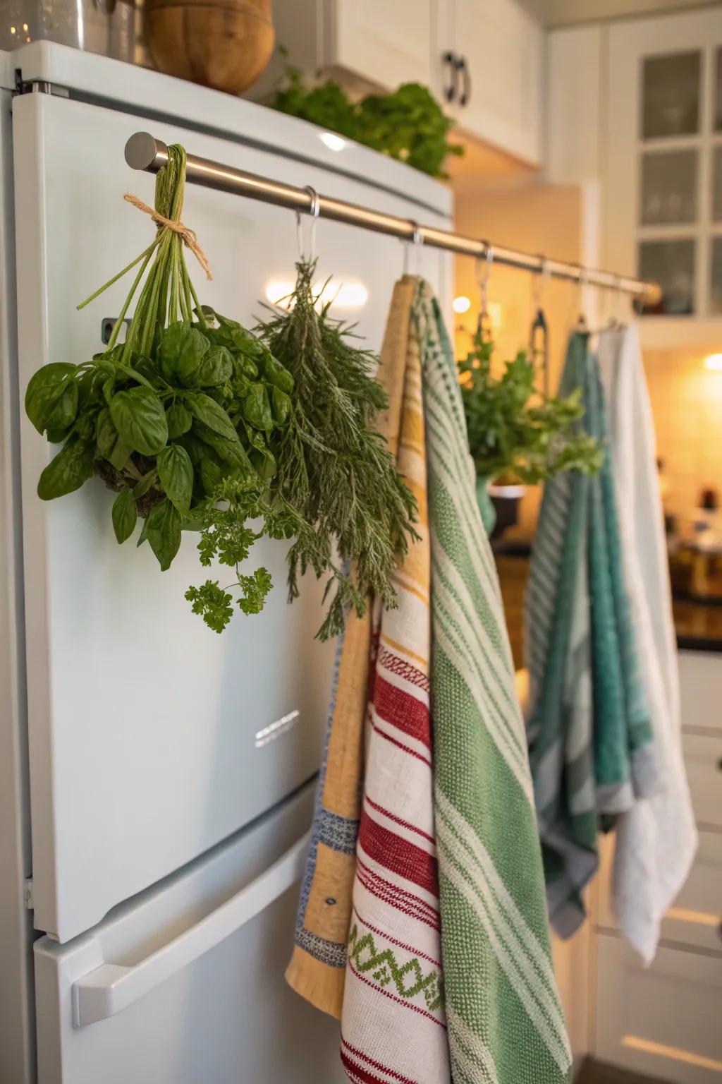 A hanging rod above the fridge adds unexpected functionality.