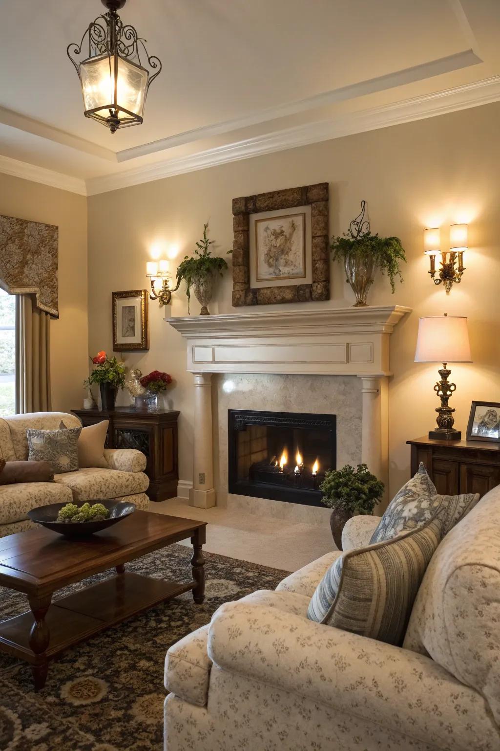 Sconces that can be adjusted make fireplaces stand out.