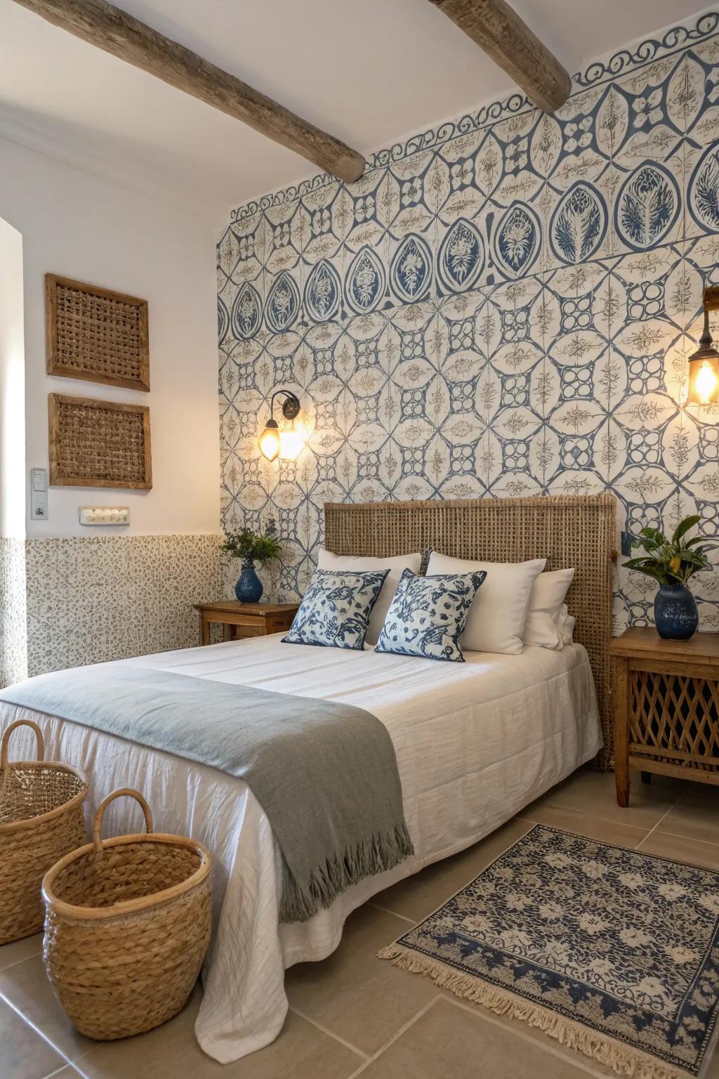 Tiles on the accent wall introduce texture and a Mediterranean touch to the bedroom.