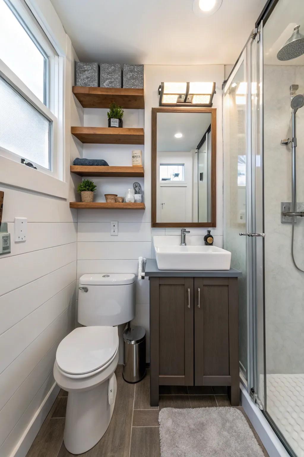 Efficient bathing space designs maximize functionality in small ADU spaces.