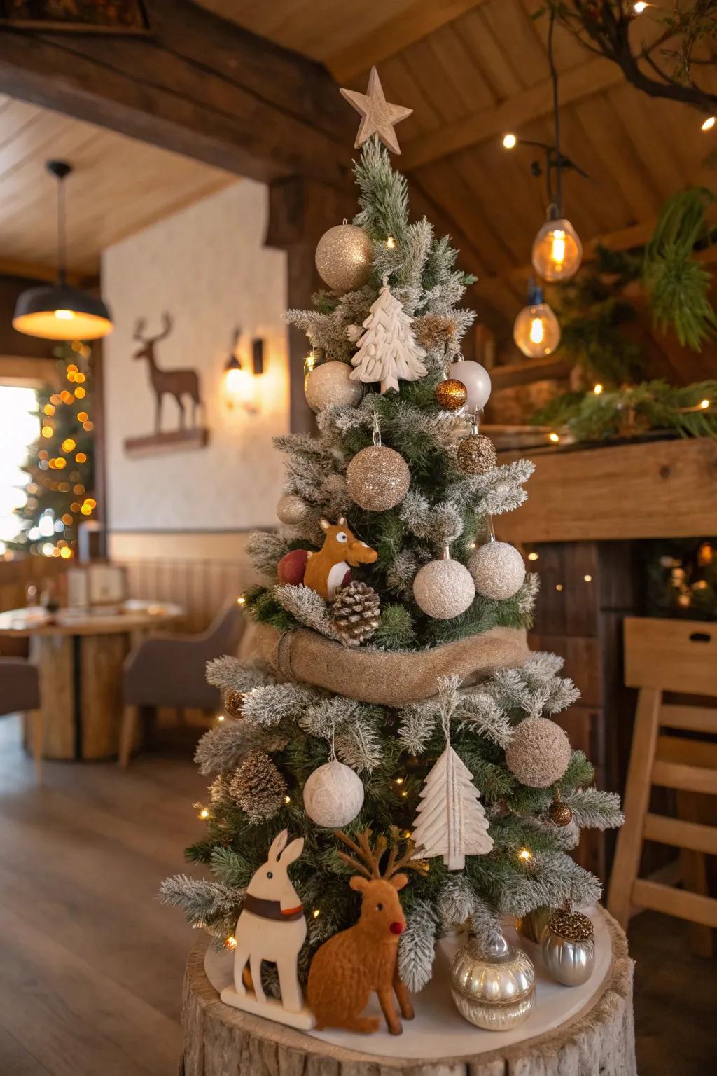 A Christmas tree inspired by whimsical woods, embellished with enchanting forest components.