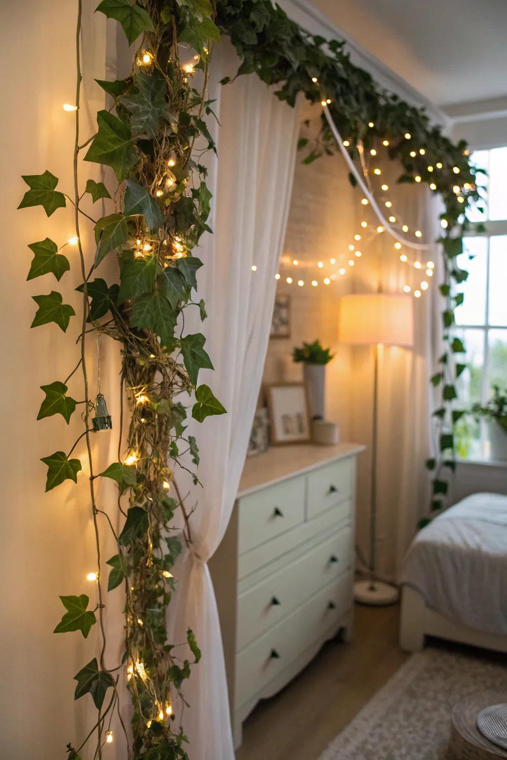 Introduce a touch of nature indoors with lights and greenery.
