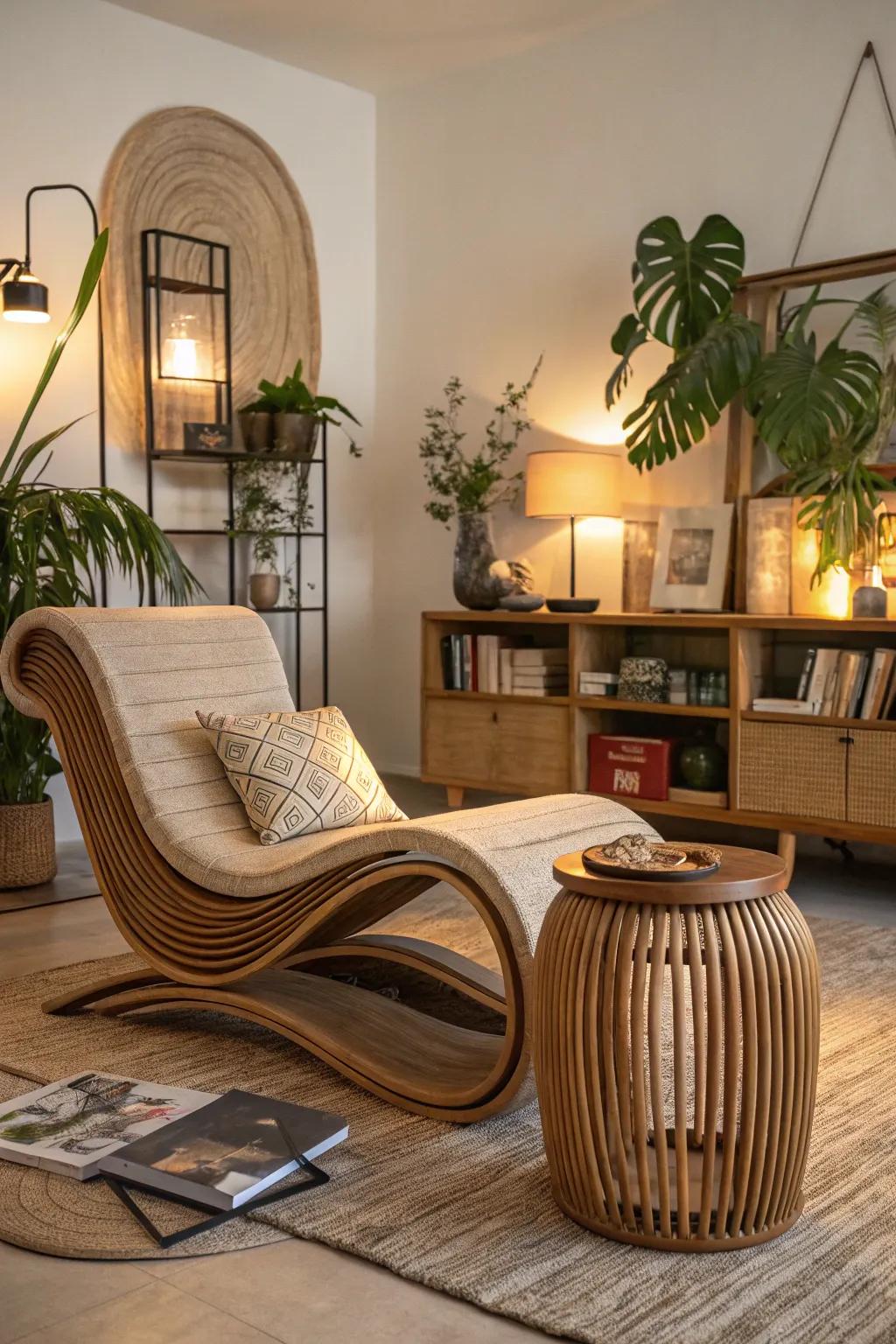 A living area softened by furniture with natural contours.