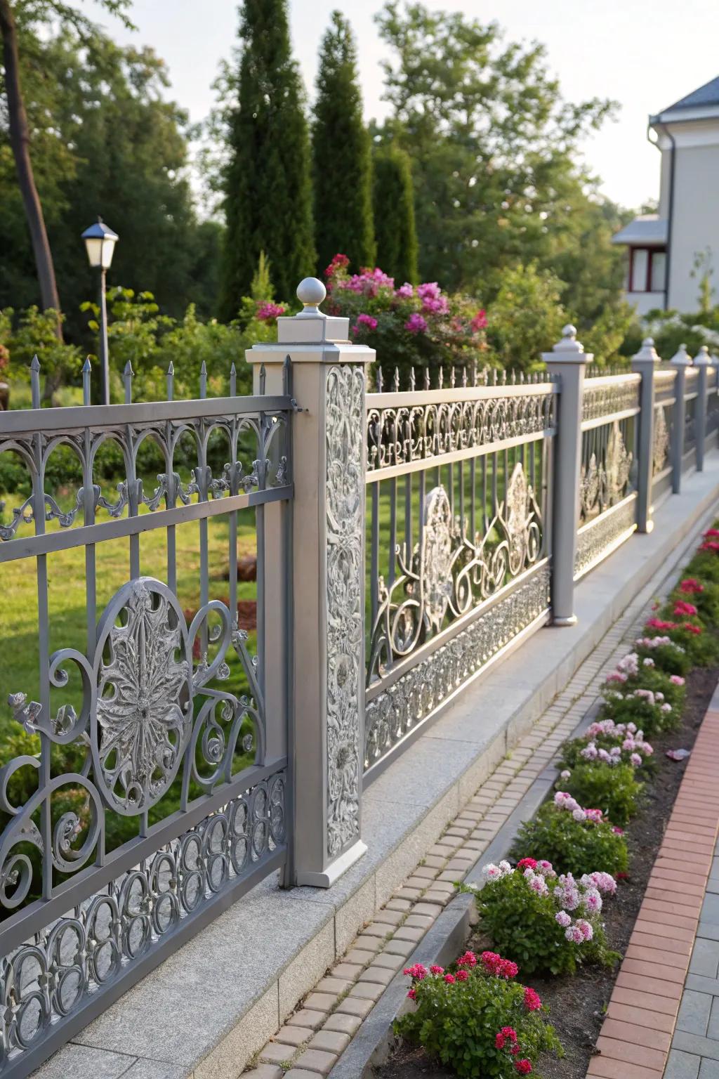 Ornamental fencing enhances garden boundaries.