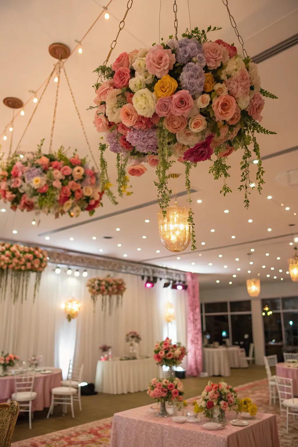 Add whimsy with hanging floral arrangements.