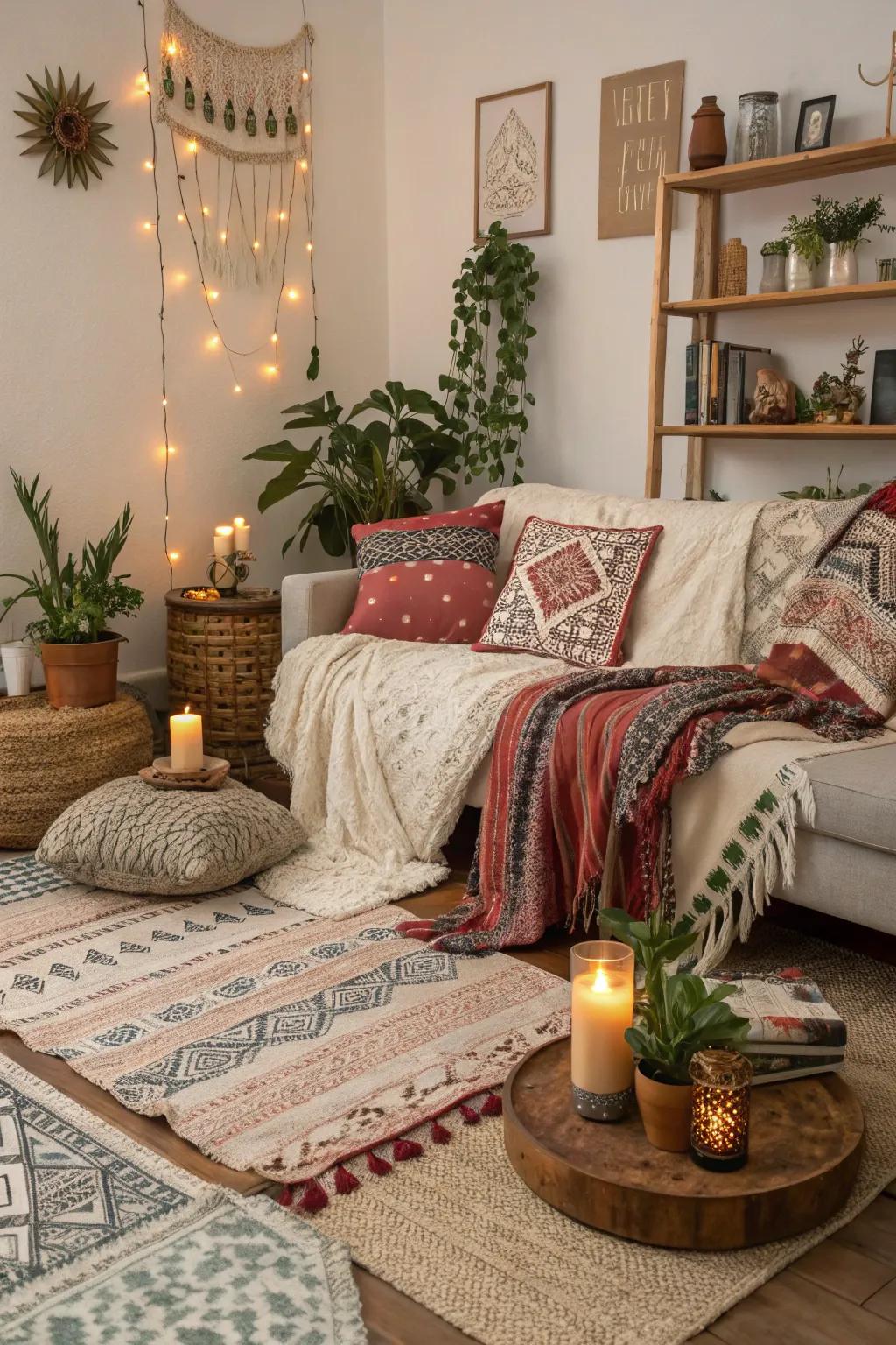 Boho accents impart a whimsical and inviting atmosphere to this living area.
