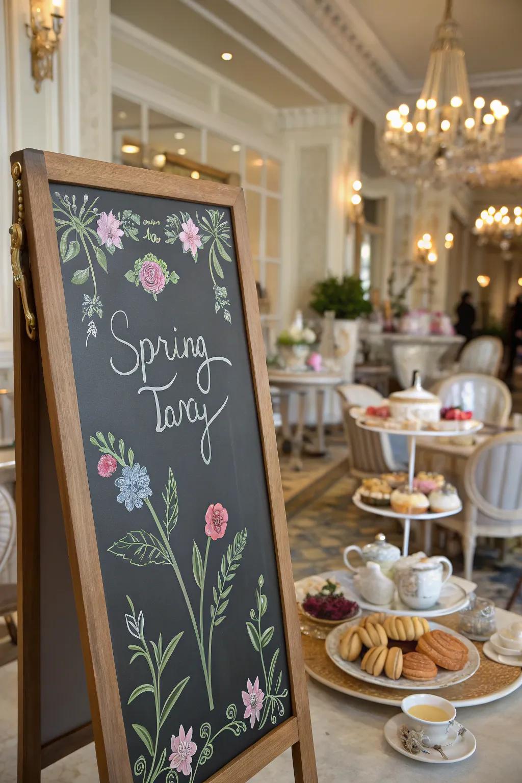 Pleasures of a tea party showcased via artistry using chalk.