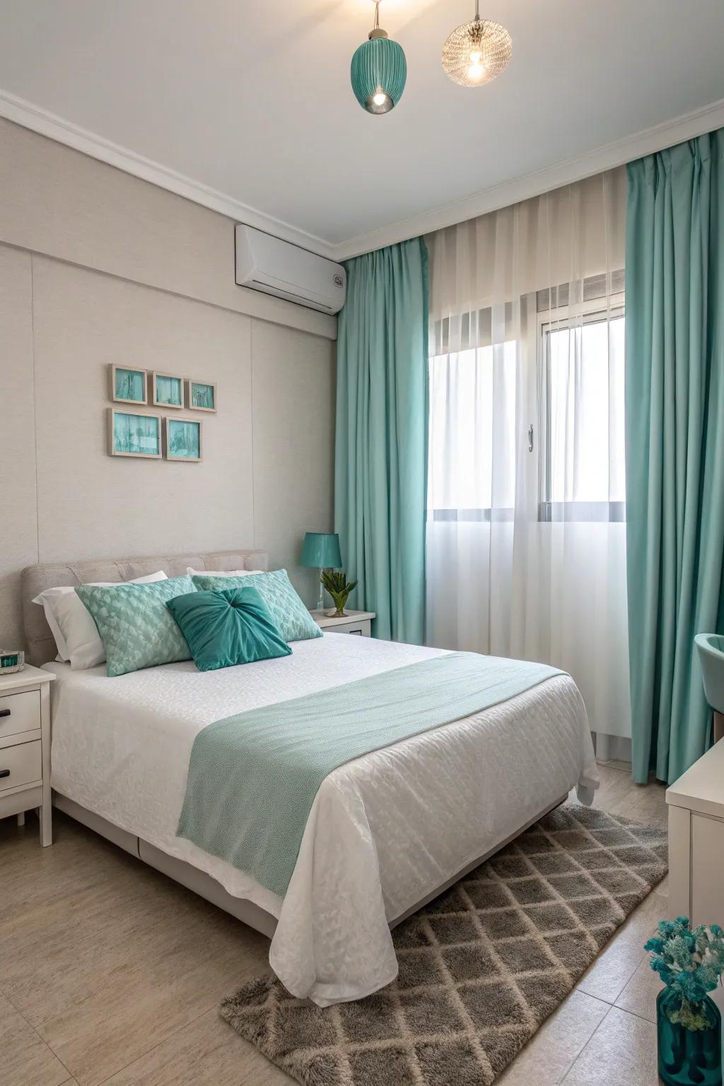 A minimalist bedroom with sea accents feels streamlined and uncluttered.
