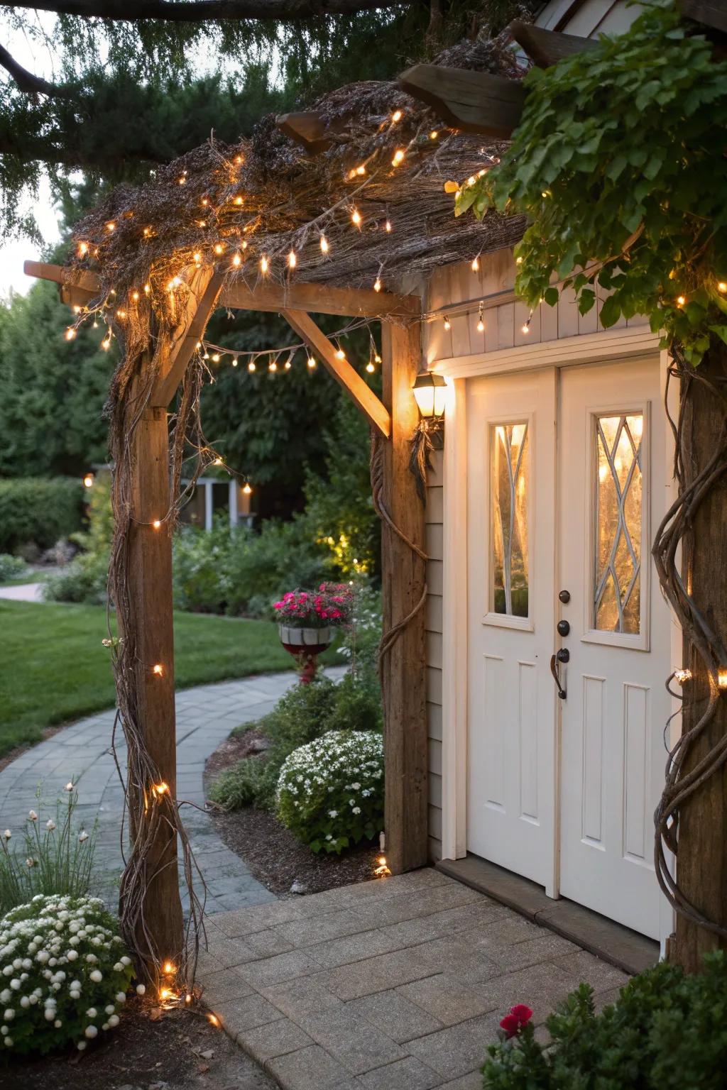 An arbor featuring enchanting pixie lights for a magical entrance.
