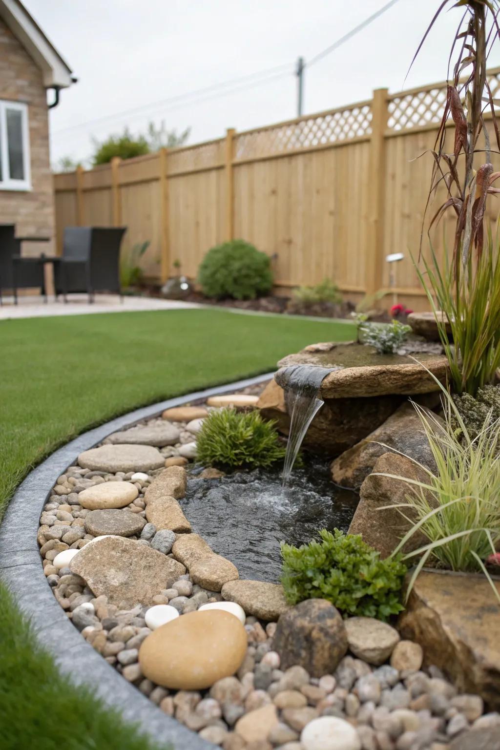 A tranquil water feature enhances the beauty of synthetic turf.
