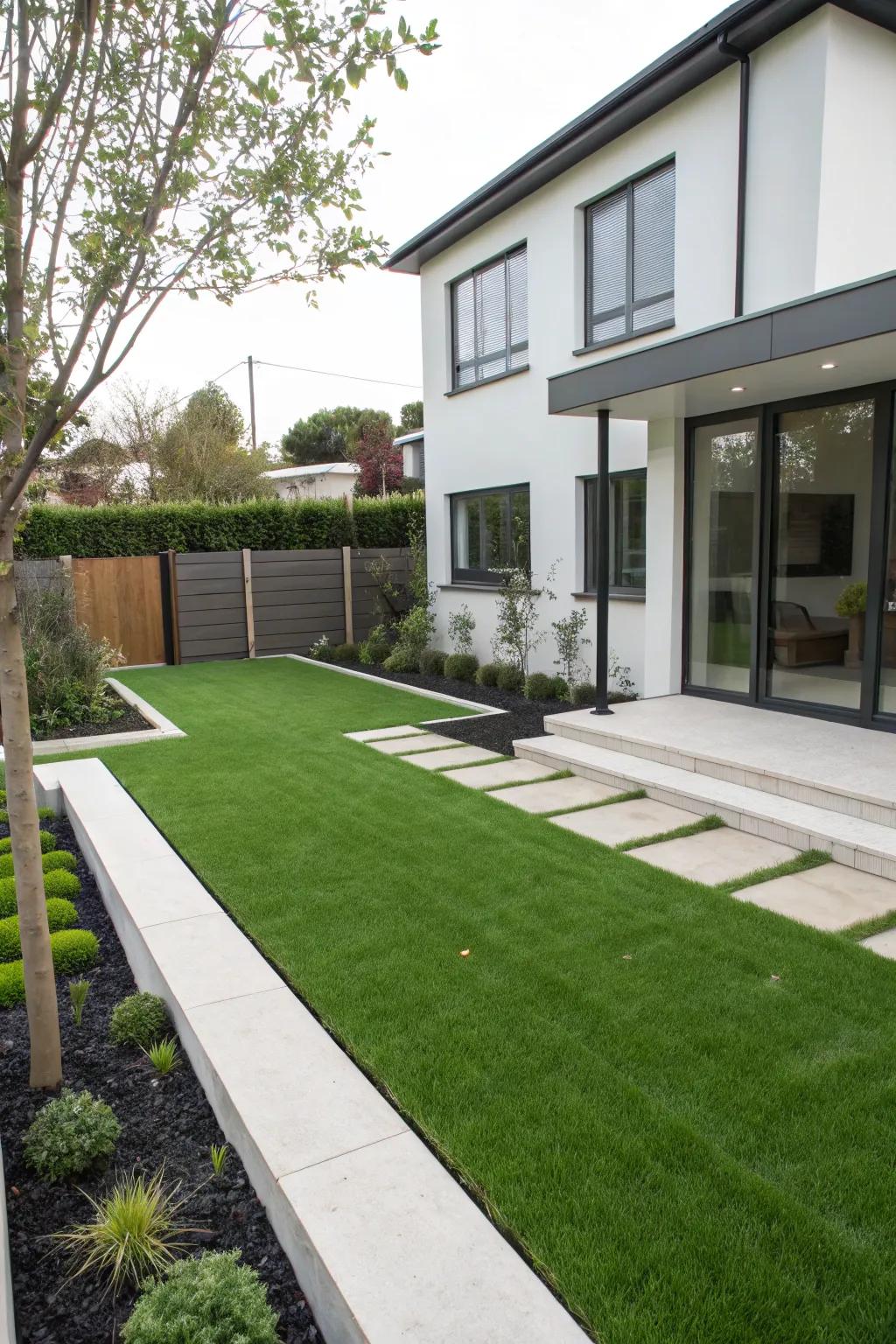 Welcome visitors by using a modern and welcoming front garden using simulated turf.