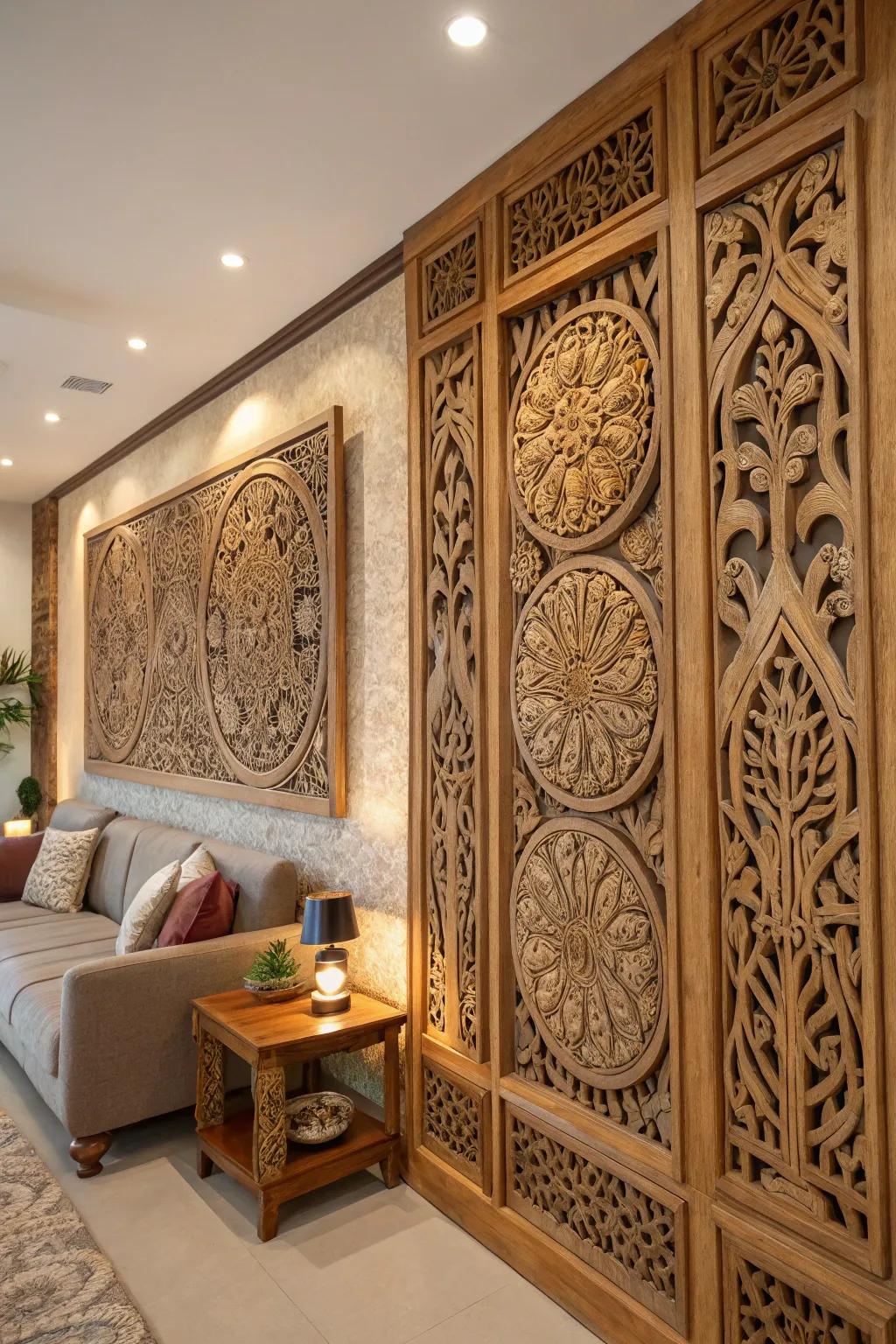 Wood features adding exotic flair and cultural depth.