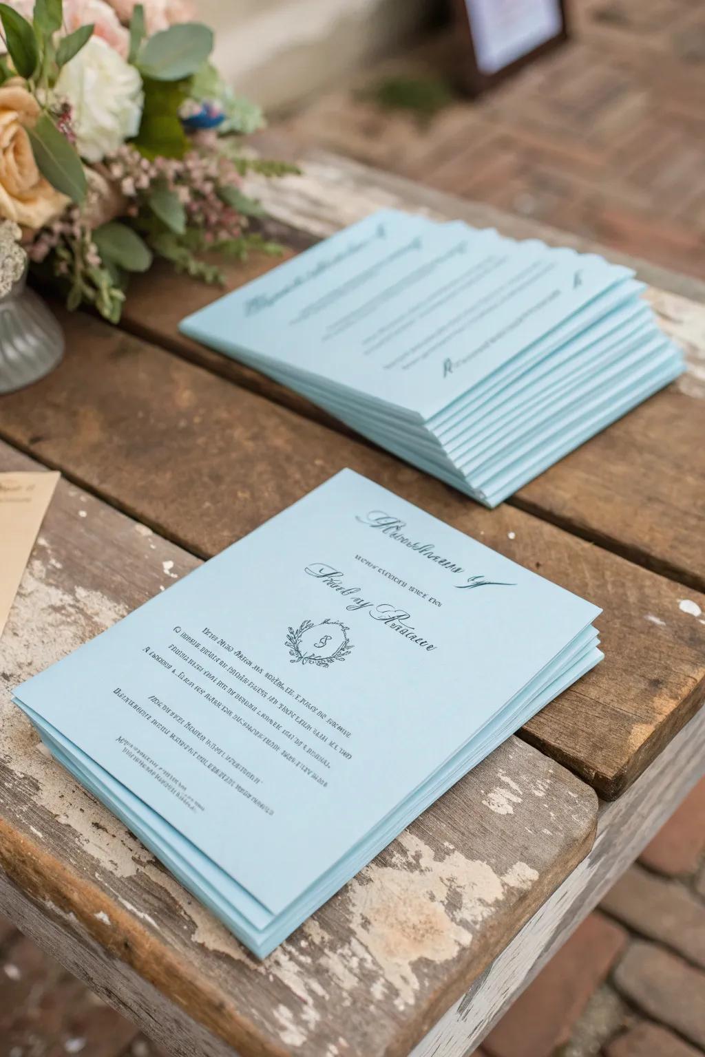 Pale azure ceremonial programs contribute a sophisticated element to the event.