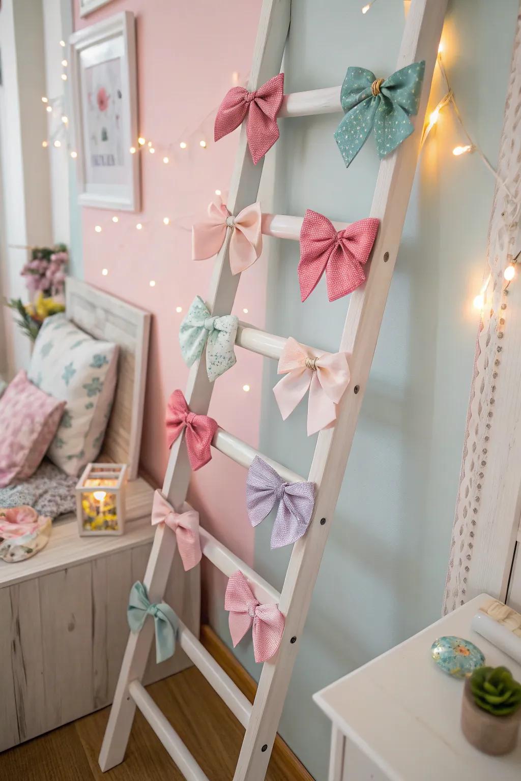 An artistic ladder display for showing off baby bows.