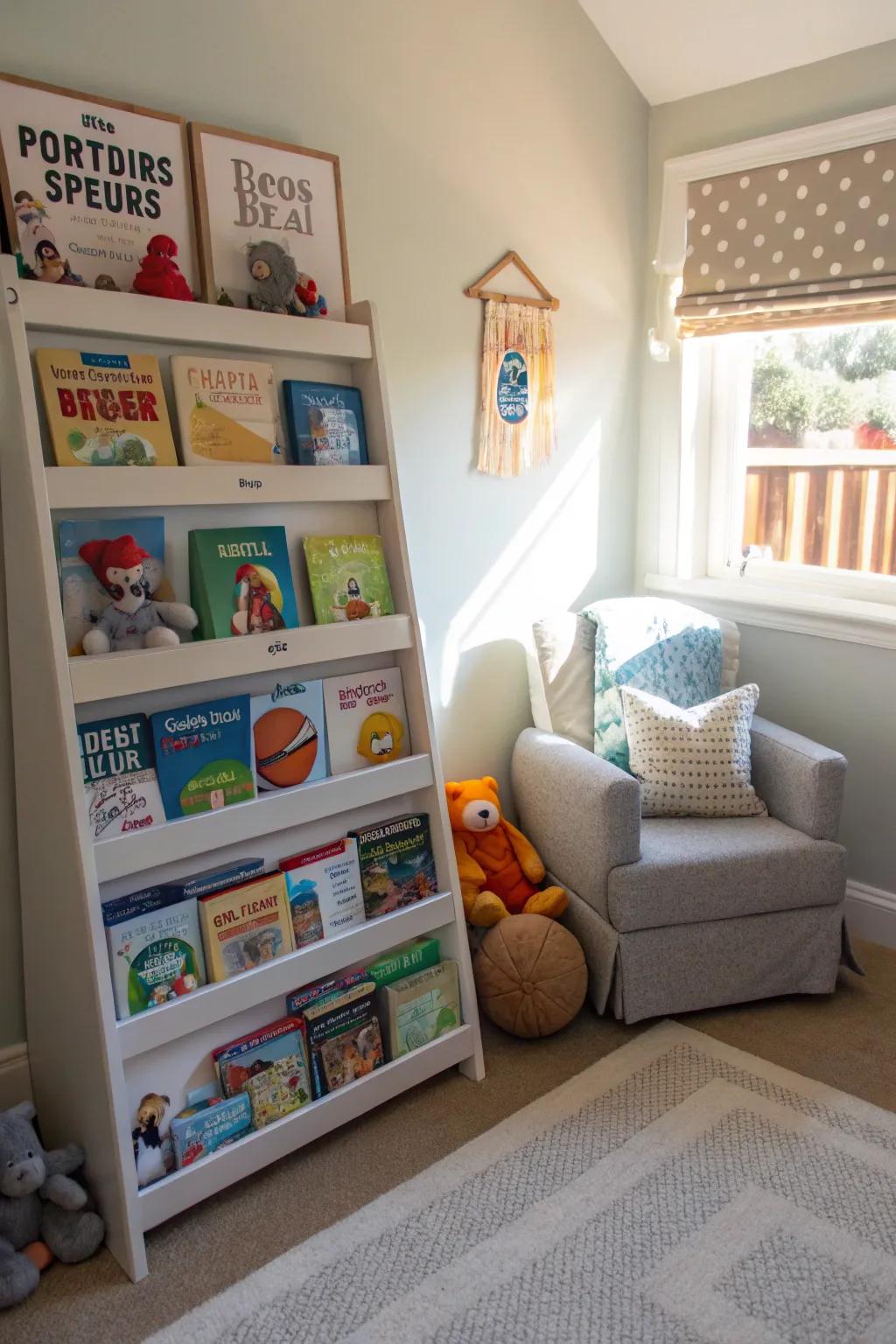 A sports bookshelf offers both storage and a thematic touch.
