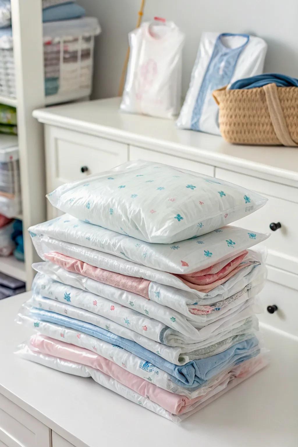 Space bags efficiently store outgrown baby clothes.