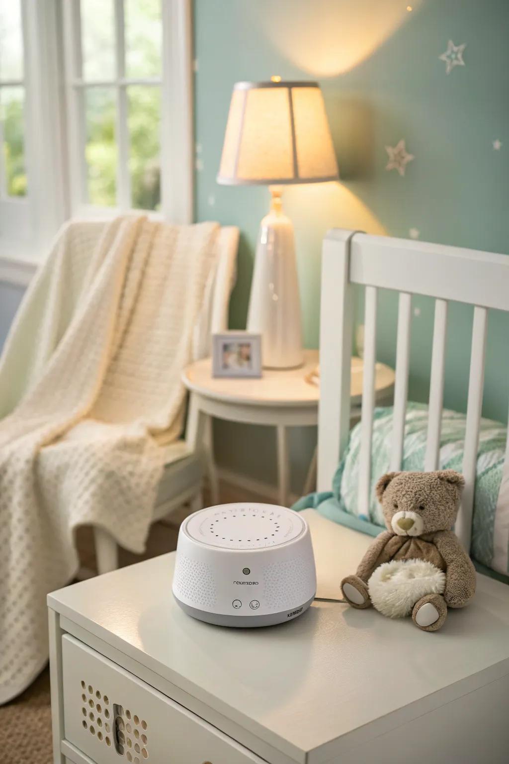 A white noise machine enhances sleep quality inside a shared bedroom environment.