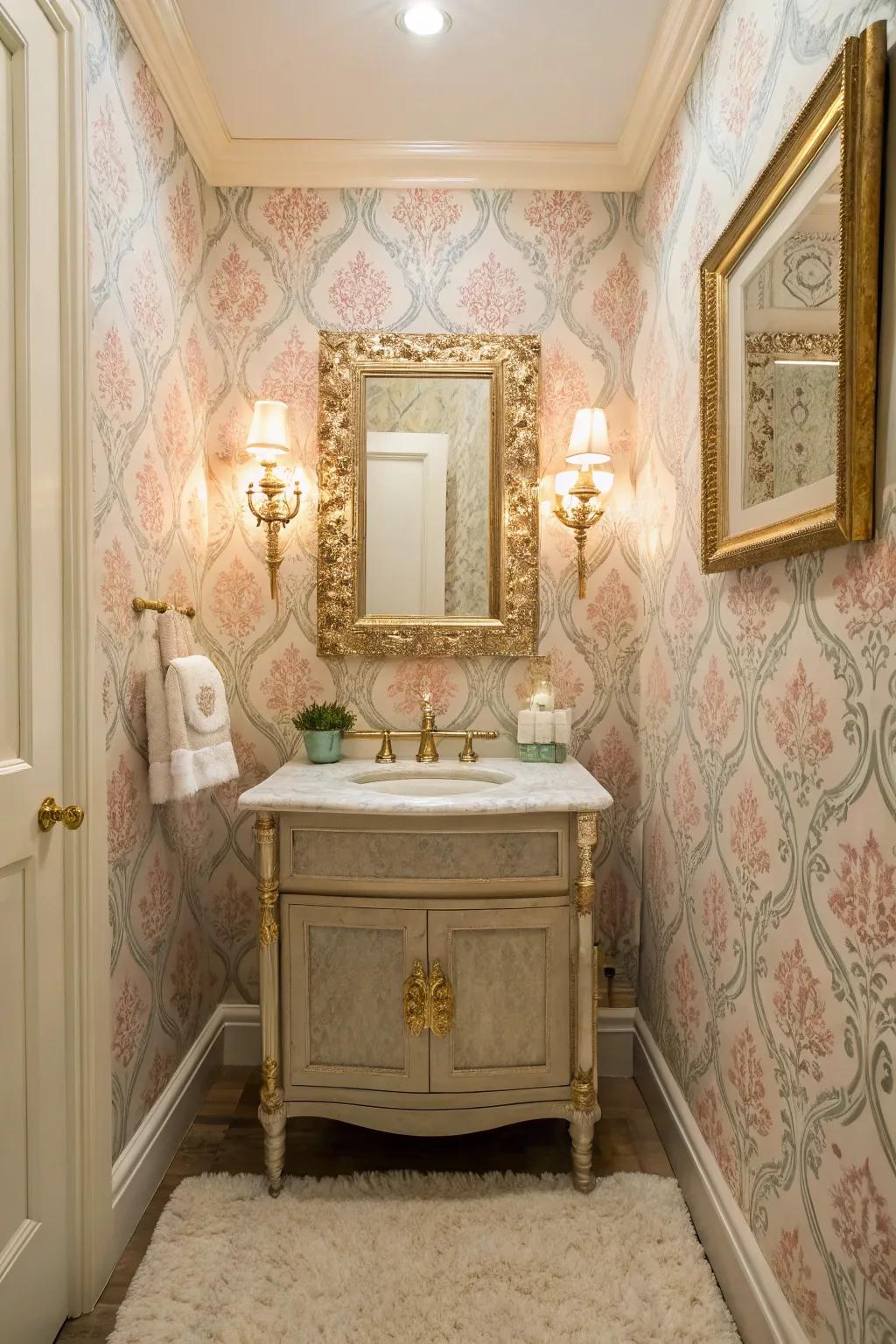 A powder room with vintage damask wallpaper adding elegance and charm.
