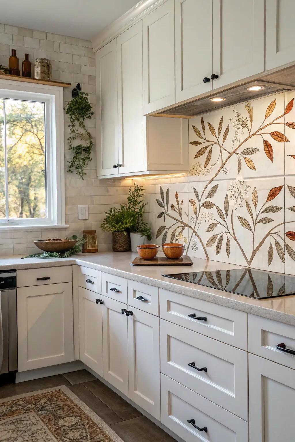 Nature-inspired tiles channel the outdoors into this white kitchen.
