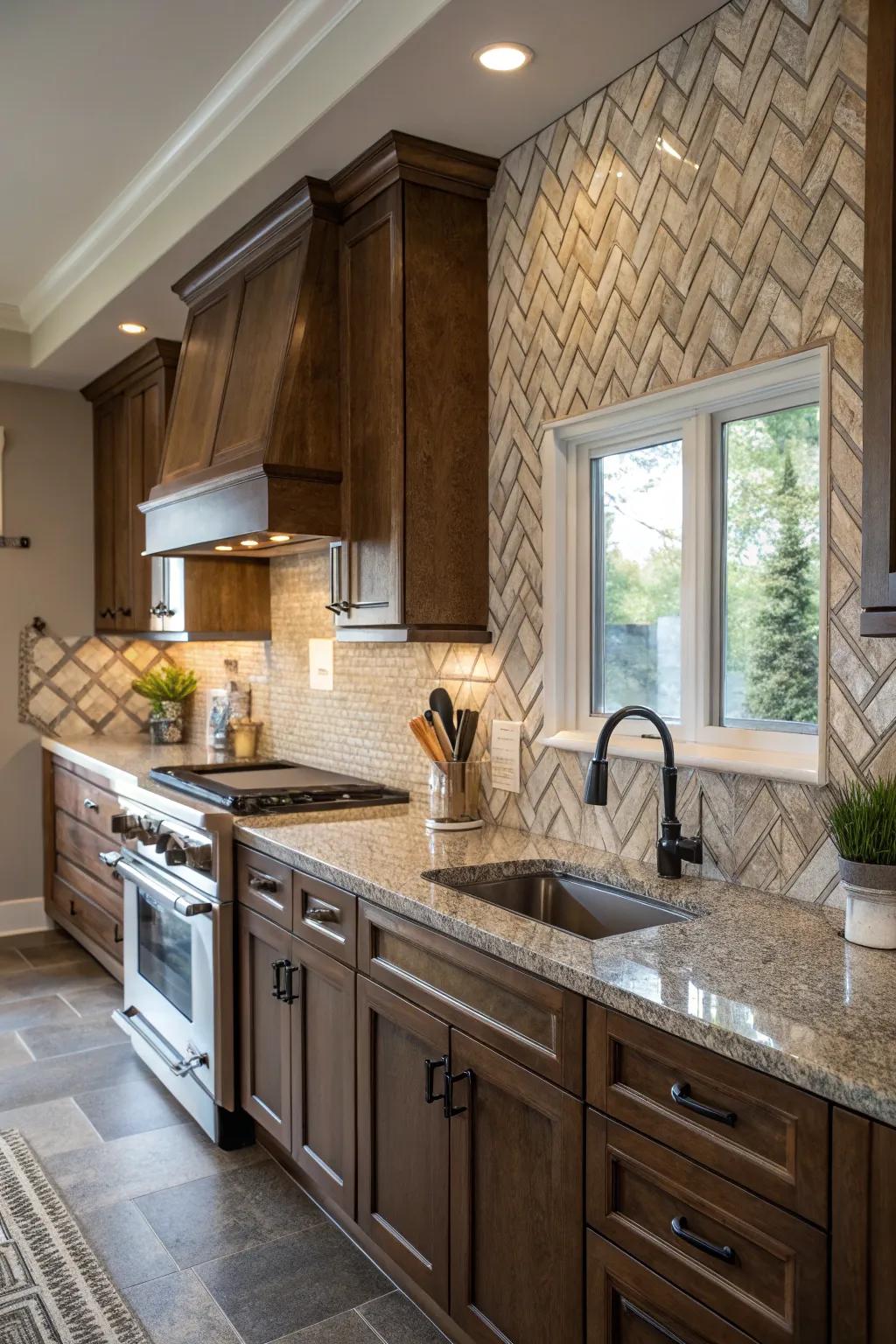 Crisscross tiles append a traditional texture to fantasy brown granite.