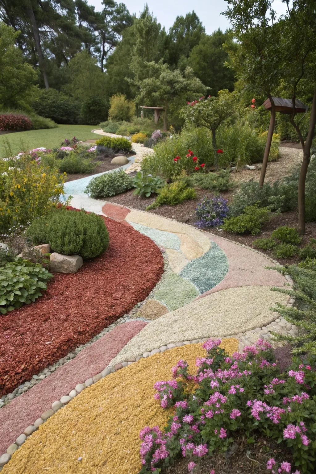 Use different colors of decomposed granite to create visual interest and focal points in your garden.