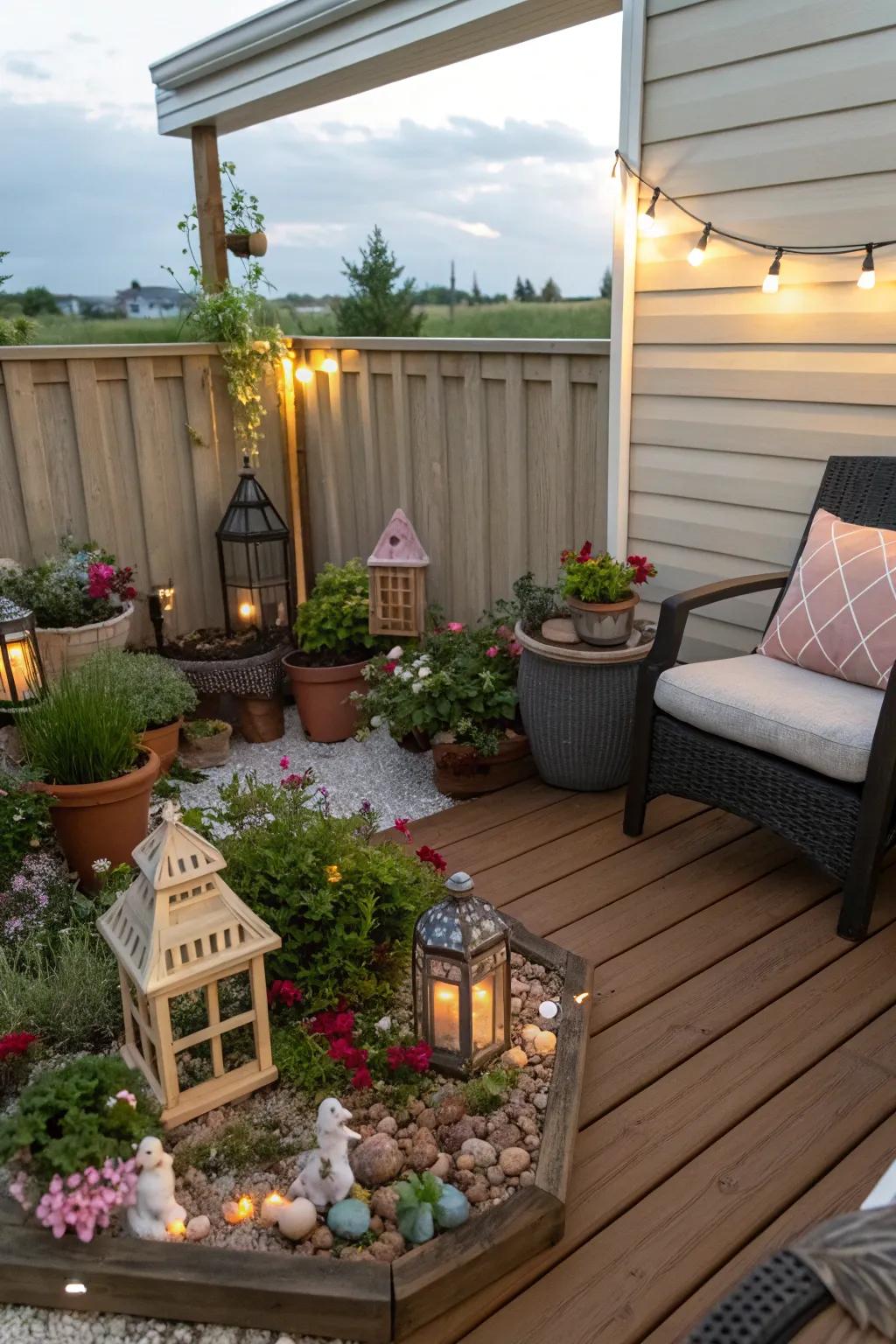 An enchanting fairy garden adding a whimsical touch to a lanai.