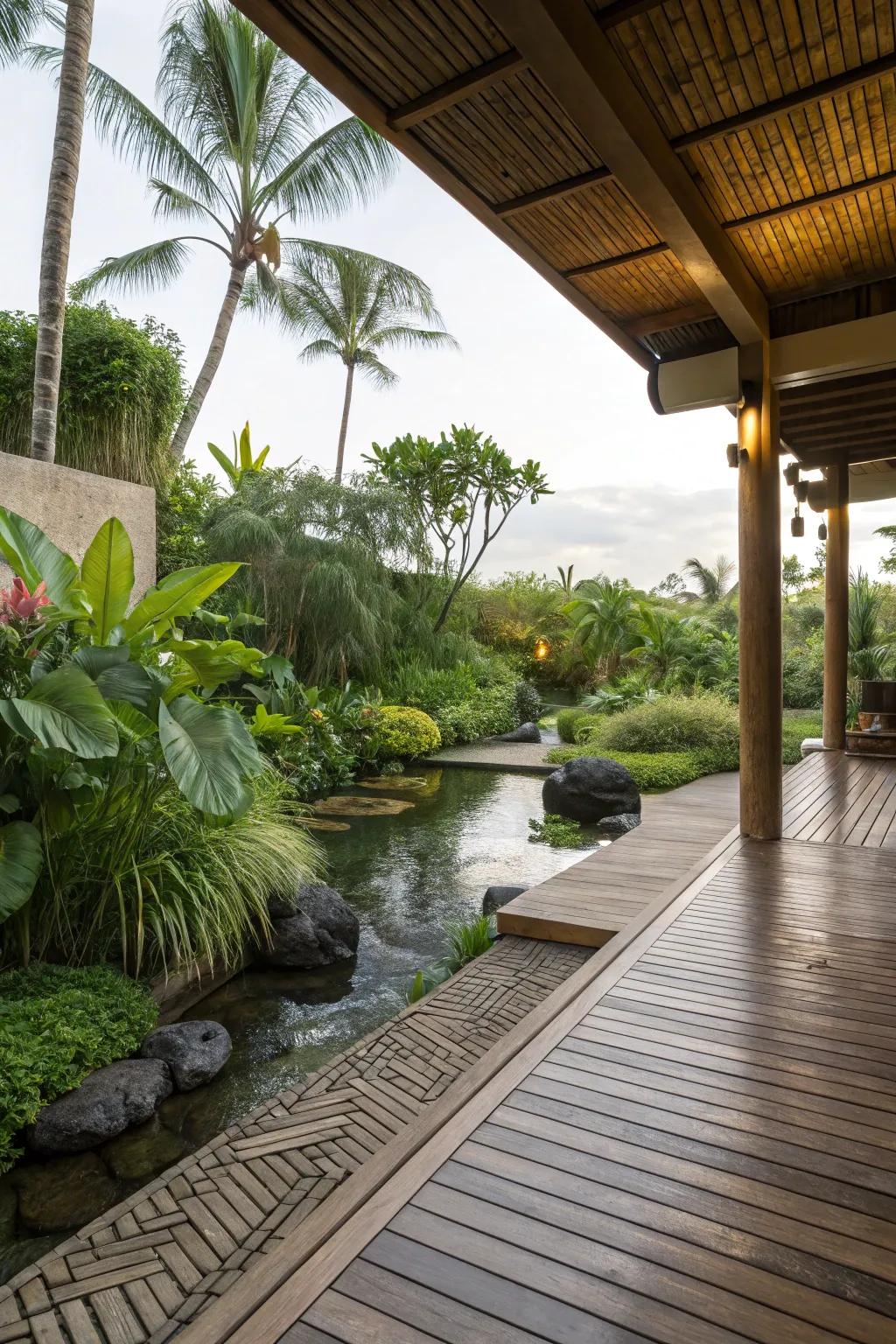 Bamboo flooring proffers an earth-conscious and tropical patio atmosphere.