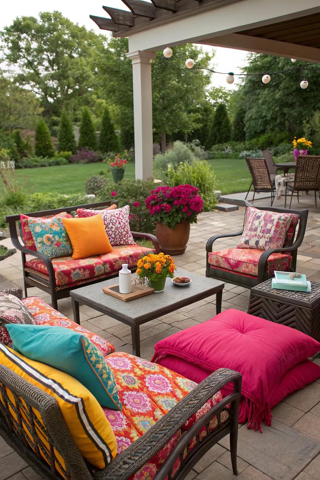 Bright textiles add a pop of color and comfort.