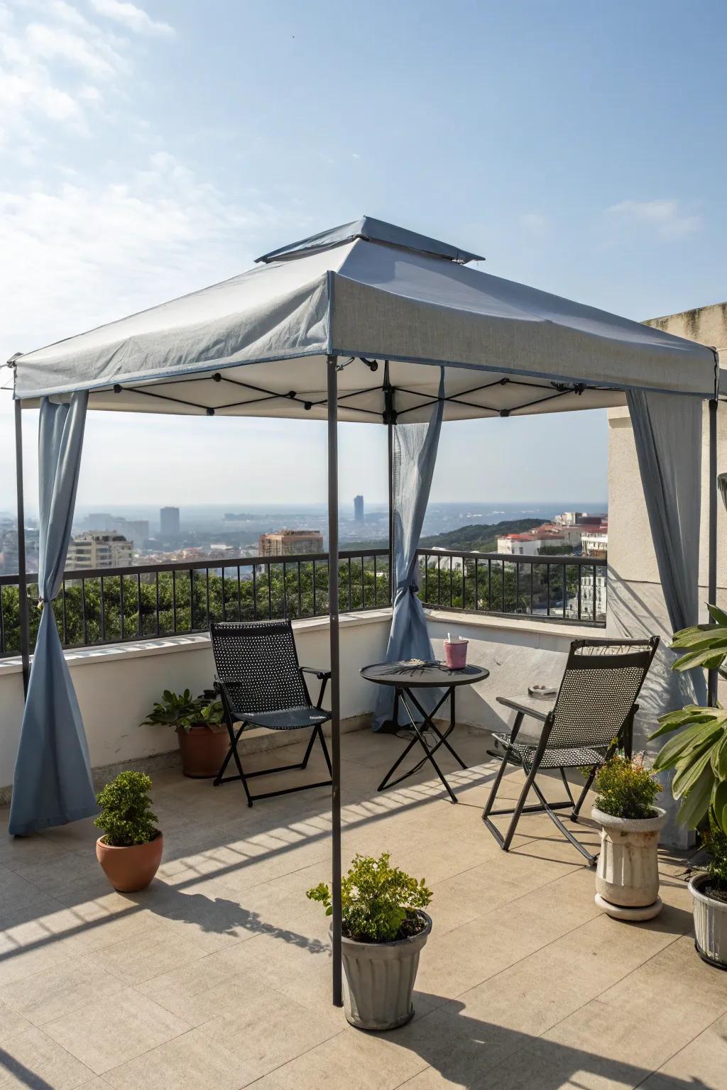 A portable canopy shelter providing temporary shade on a balcony.