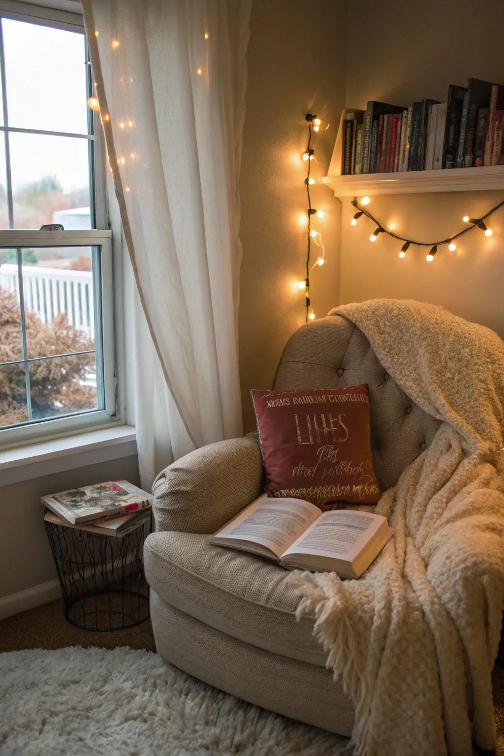 A reading nook offers a personal retreat.