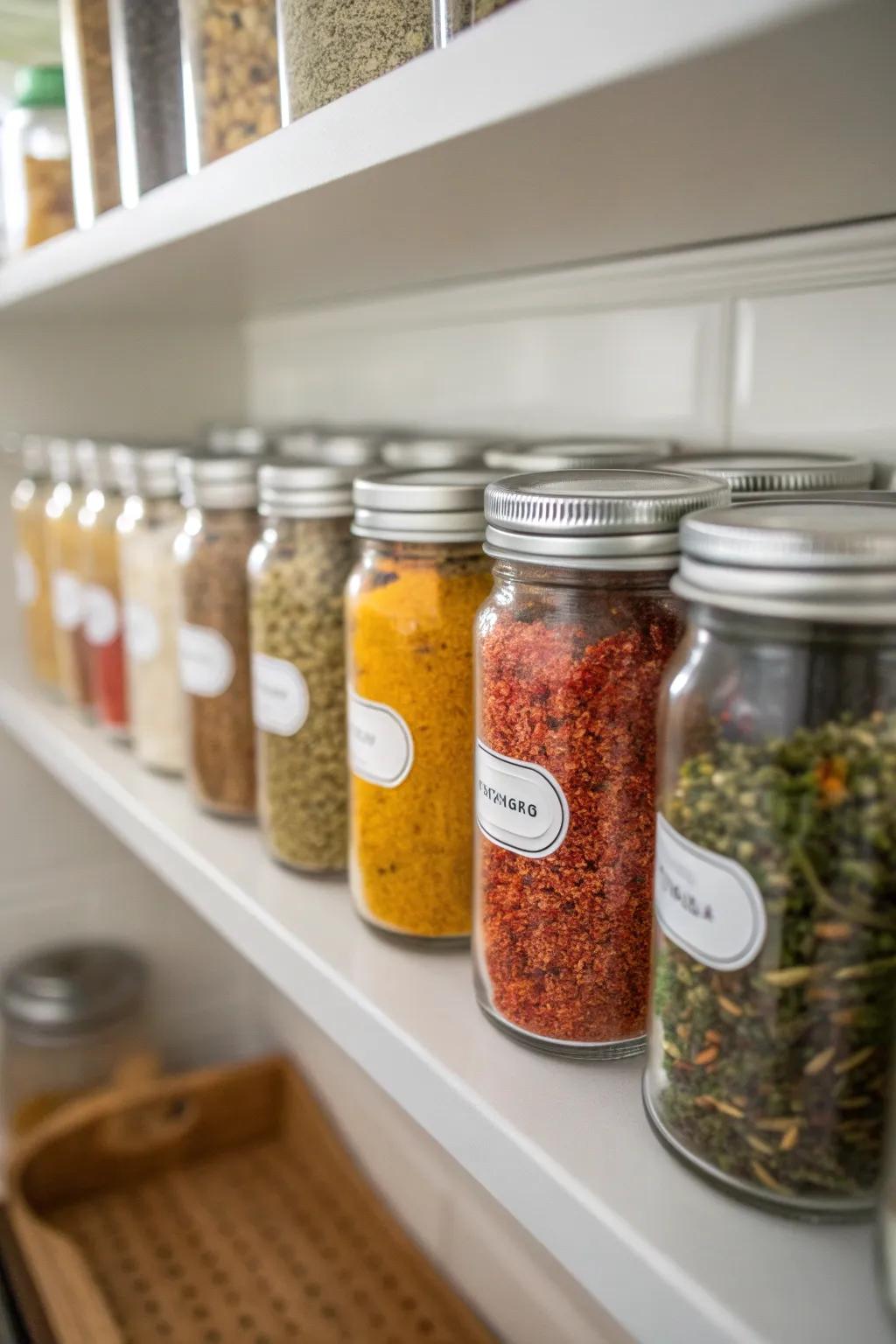 A unique spice organizer utilizing preserving containers keeps the kitchen tidy.