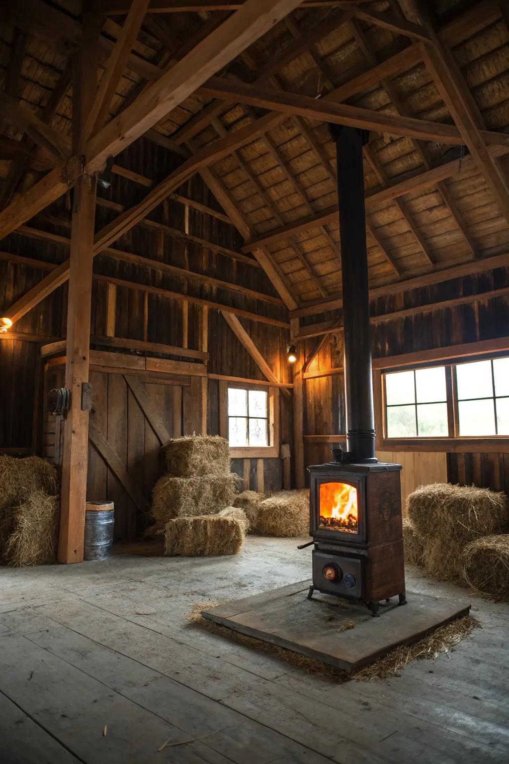 A barn loft with a wood-fueled heater, providing both warmth and a focal point.