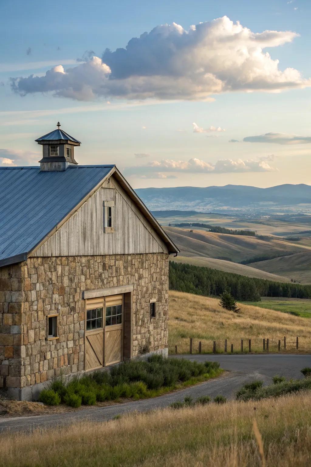A barn wearing mock rock siding that’s got heart and looks that kill.
