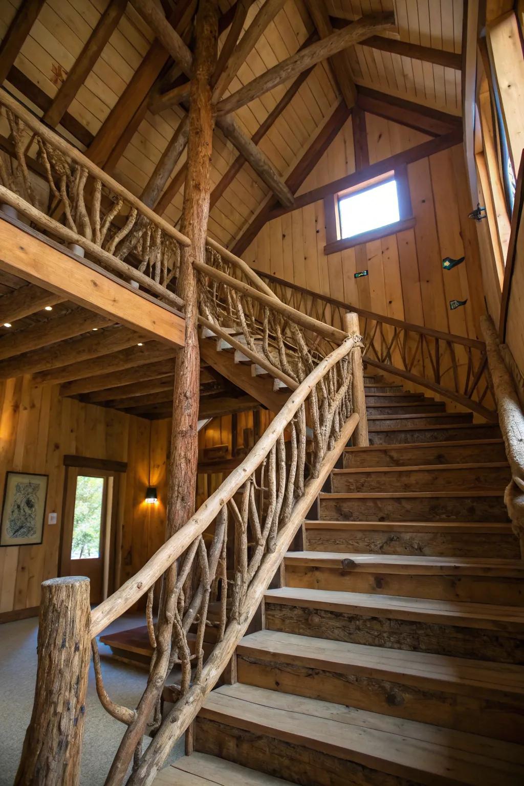 Natural limb guards enhance the rustic charm of barn stairs.