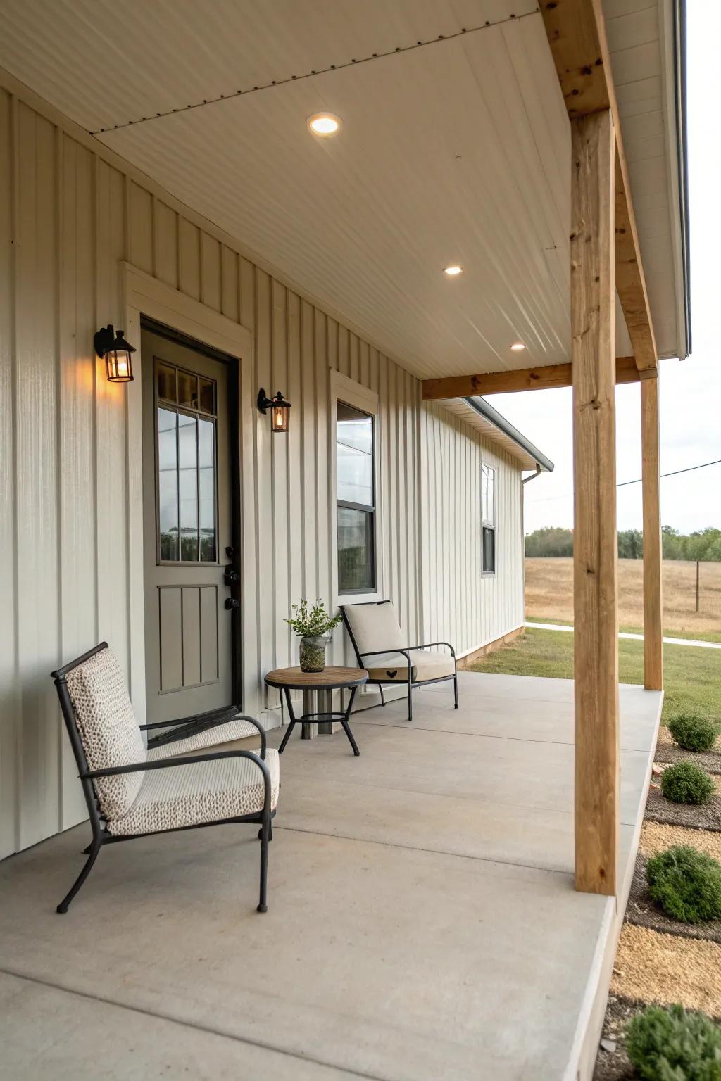 A minimalist veranda furnishes a tranquil and pacifying escape.