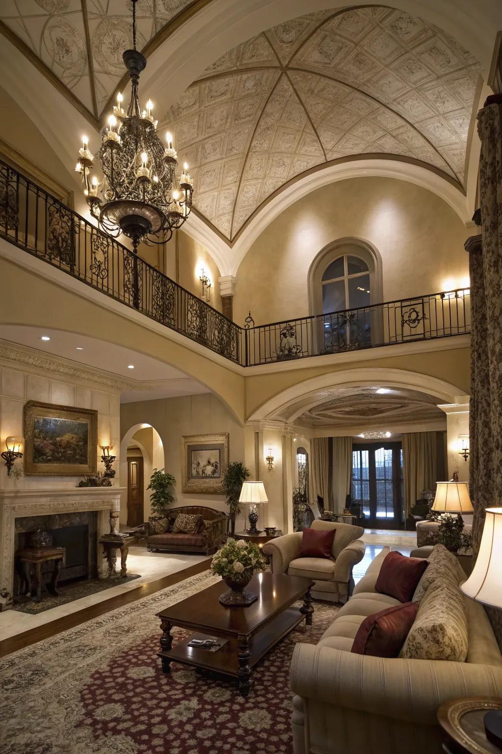 A dramatic lounge showcasing a multi-tiered barrel ceiling as the focal point.