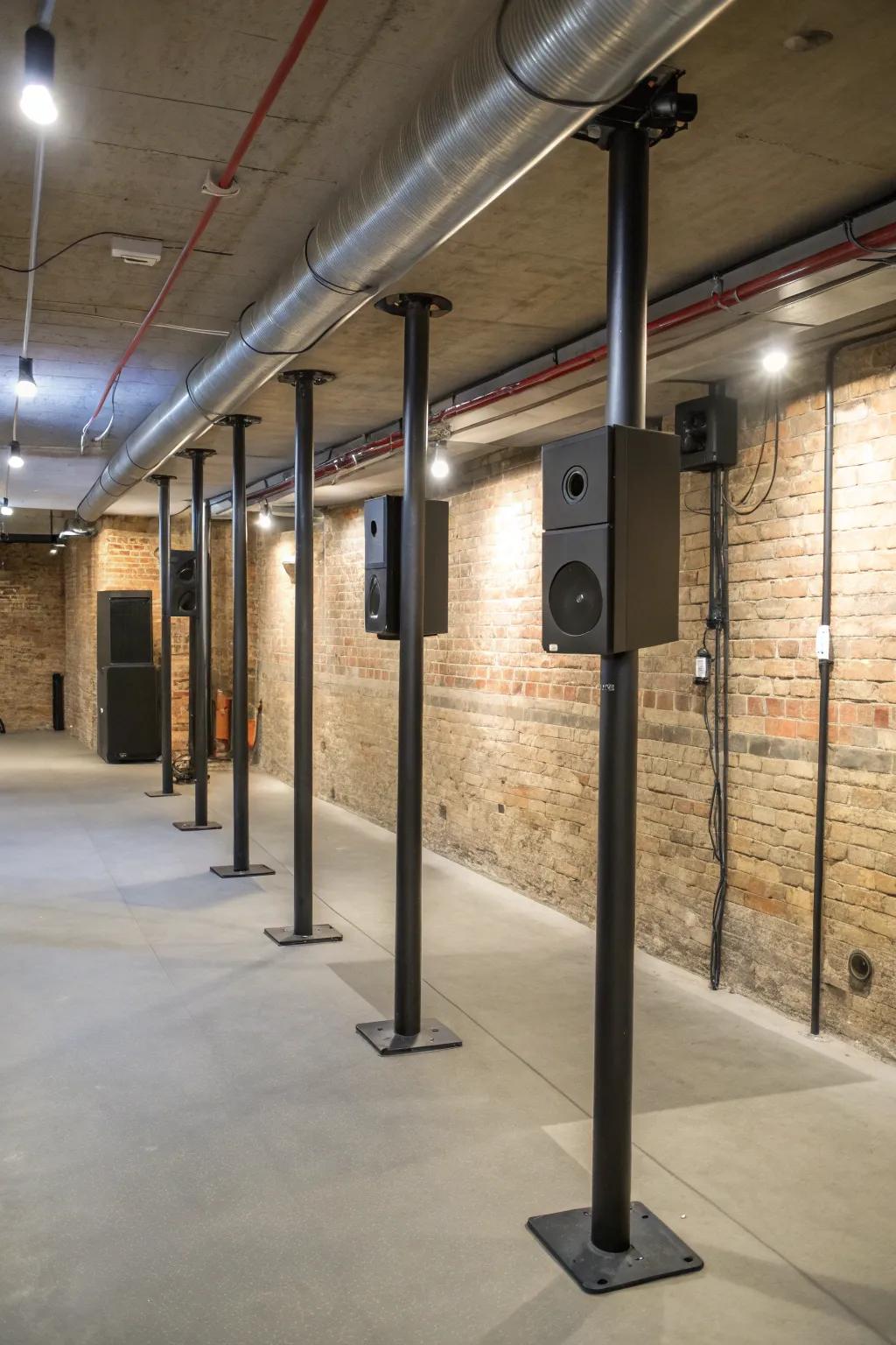 Sound systems cleverly integrated into basement poles for an immersive experience.