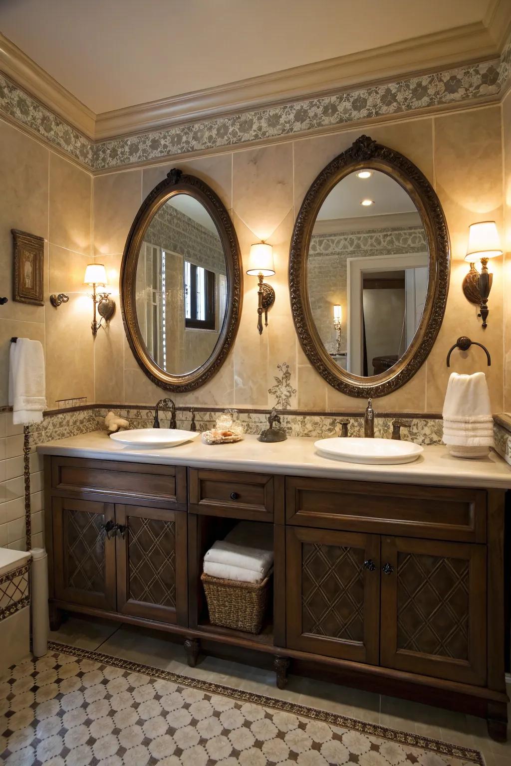 Curved mirrors bring a classic elegance to the vanity area.