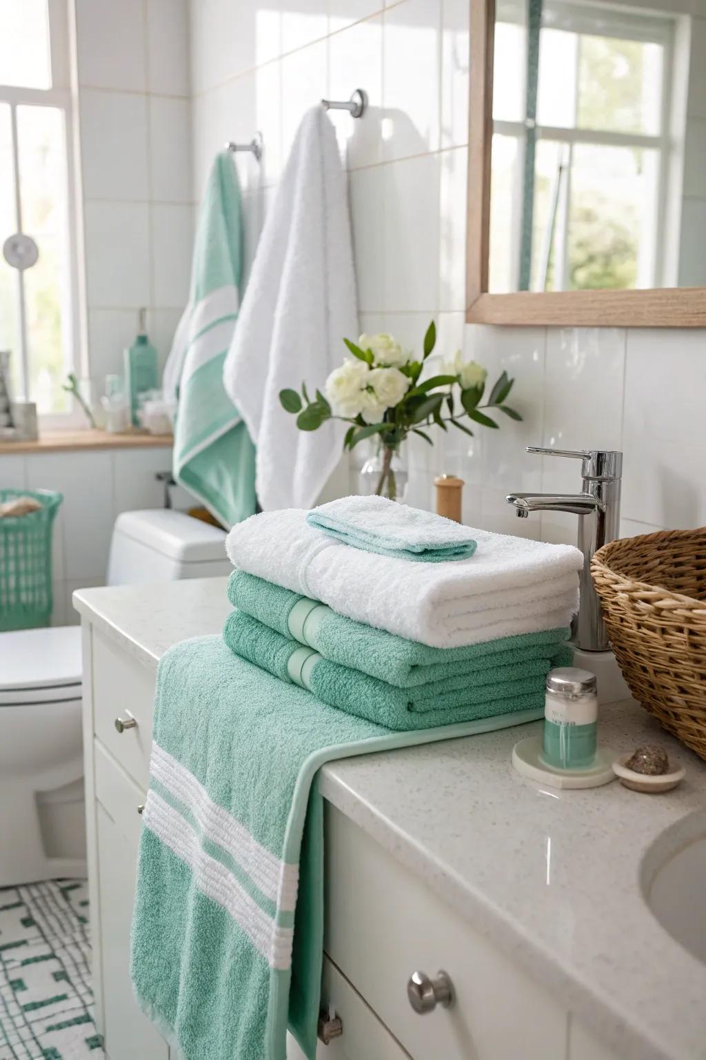 Mint and snow textiles convey a revitalizing and pristine touch.